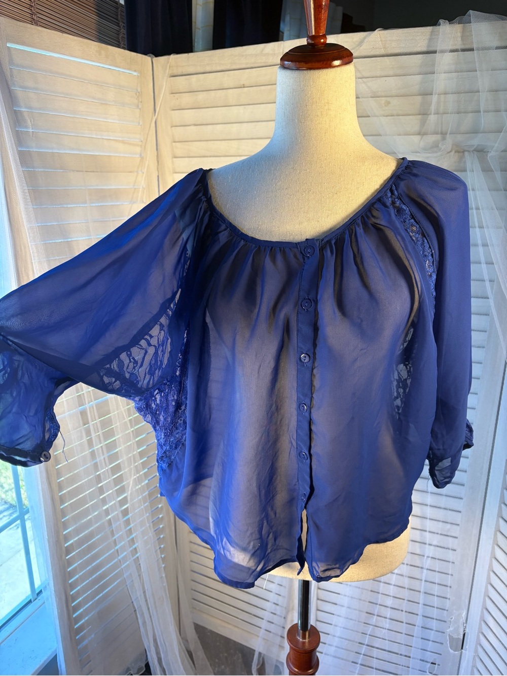 Cotton Express Sheer Cobalt Blue Lace-Trim Button Front Blouse